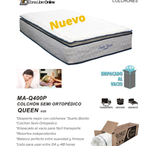 Colchón Tamaño Queen Sankey con pilot‑top y dos almohadas gratis, disponible en Zona Libre Online.com