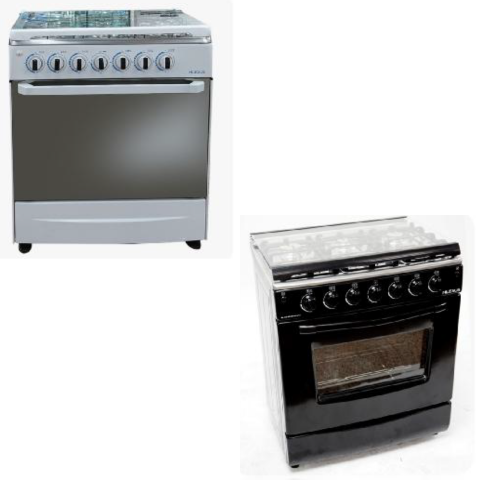 Cocina a gas MILEXUS 30 pulgadas 6 quemadores color blanco mostrando horno con puerta de vidrio y tapa superior