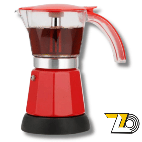 Imagen de laCafetera Electrica Expresso Roja Transparente Royall, mostrando su elegante diseño en negro y vaso metálico resistente