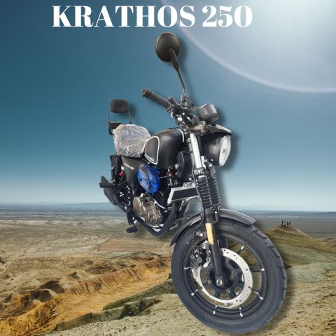 Moto Krathos 250 - Motor monocilíndrico 4 tiempos, 250cc, suspensión telescópica, frenos de disco CBS, diseño moderno y compacto.