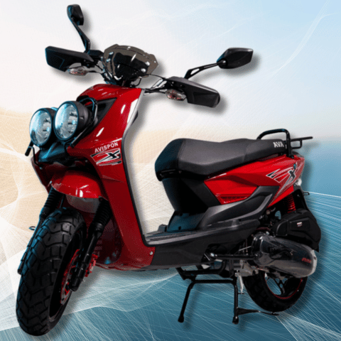 Moto AVA 180T Avispón de color negro, con diseño moderno y detalles en rojo, mostrando su motor y ruedas