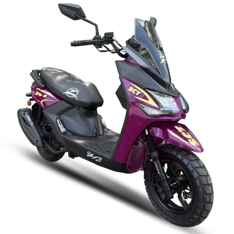 SCT Scooter 150cc Mishozuki, mostrando motor 150cc, faros LED, llantas de aleación y espacio bajo asiento